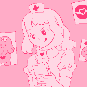A cute nurse character is playing a game on a retro handheld.