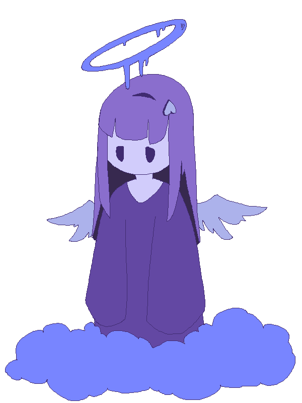a sad angel girl stands on a cloud