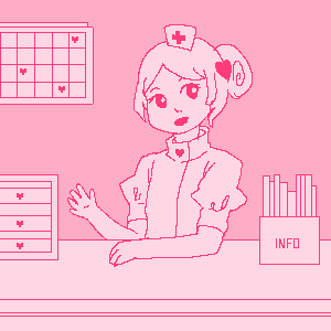 A cute nurse sits at a reception desk and is welcoming the viewer. The color 
scheme of the image is all pink