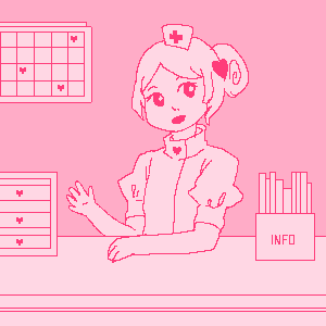 A cute nurse sits at a reception desk and is welcoming the viewer. The color 
scheme of the image is all pink