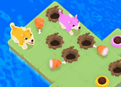 A pink and light brown cartoon dog stand on a grid-based island. There are some holes in the dirt. Two full food bowls are also present.