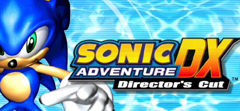 sonic adventure dx logo, featuring a 3d model of sonic the hedgehog on the left