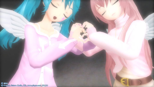 Miku and Luka with angel wings, creating a heart shape with their hands together. They both look peaceful.