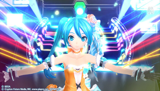 Hatsune Miku wearing a cute white and orange dress. The backdrop is a concert stage with a laser show going on.