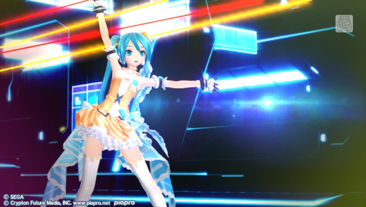 Hatsune Miku wearing a frilly white and orange-striped dress with a big blue ribbon attached to the back. She is standing on a futuristic concert stage.