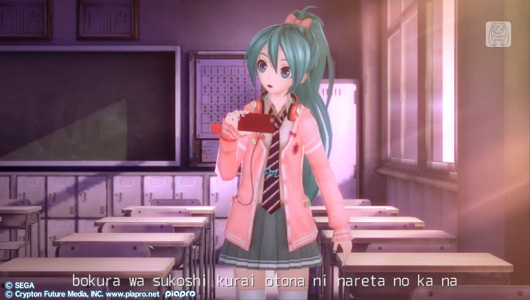 Hatsune Miku is wearing a pink school uniform, and her hair is tied into a ponytail with a pink ribbon. She is standing in a classroom, holding a phone.