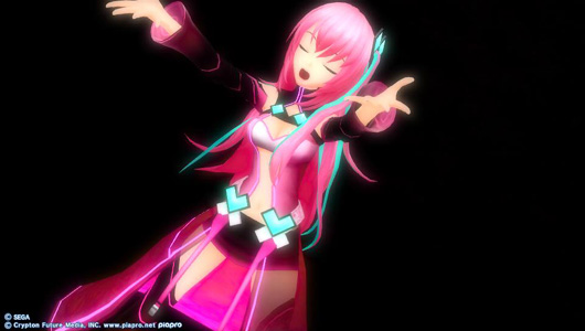 Megurine Luka wearing a futuristic outfit in bold colors.