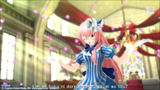 Megurine Luka wearing an elegant blue frilly dress, as well as an eye patch. The backdrop is a chapel and there are hearts floating in the air.