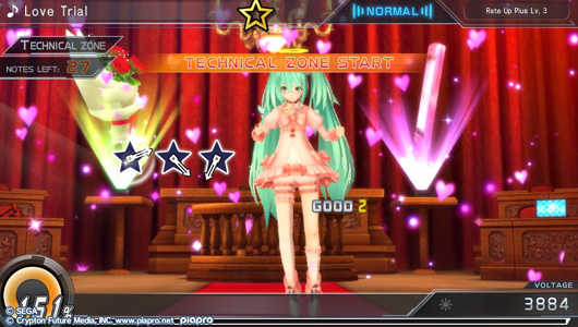 Hatsune Miku is wearing a cute frilly dress. The backdrop is a courtroom, but there are pink hearts floating in the air.